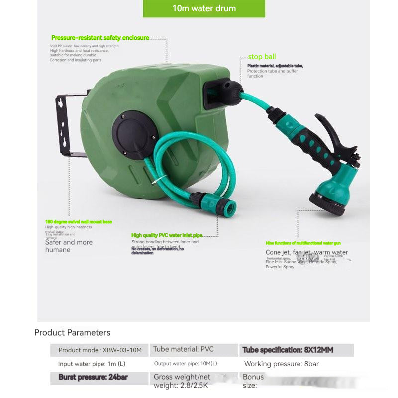 iGi4Shop Qiya Automatic Retractable Hose Reel Water Drum Bobbin Winder Pneumatic Tools 10 M PVC Water Pipe Collector