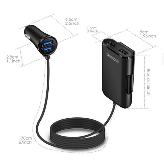 iGi4Shop Compatible With Back Seat Car Charger QC3.0 2.4A3.1A 4 USB Car Charger With Cable A Clip