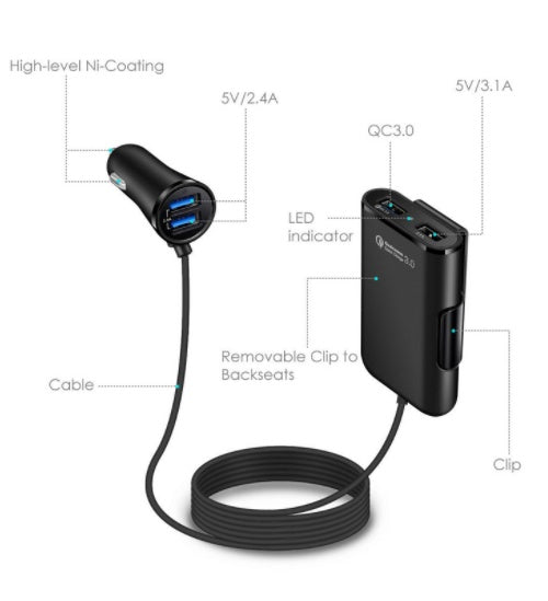 iGi4Shop Compatible With Back Seat Car Charger QC3.0 2.4A3.1A 4 USB Car Charger With Cable A Clip